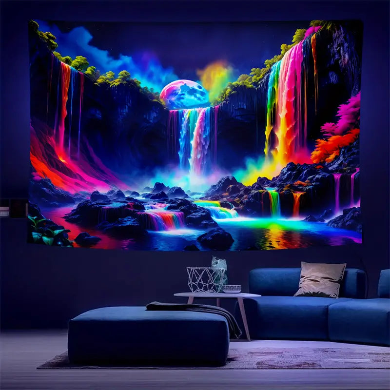 Horský vodopád s duhou | Oficiální GlowTapestry UV Art Decor 