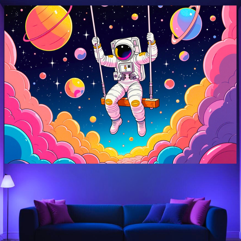 Astronaut auf Schaukel | Offizielles GlowTapestry UV-Kunstdekor 