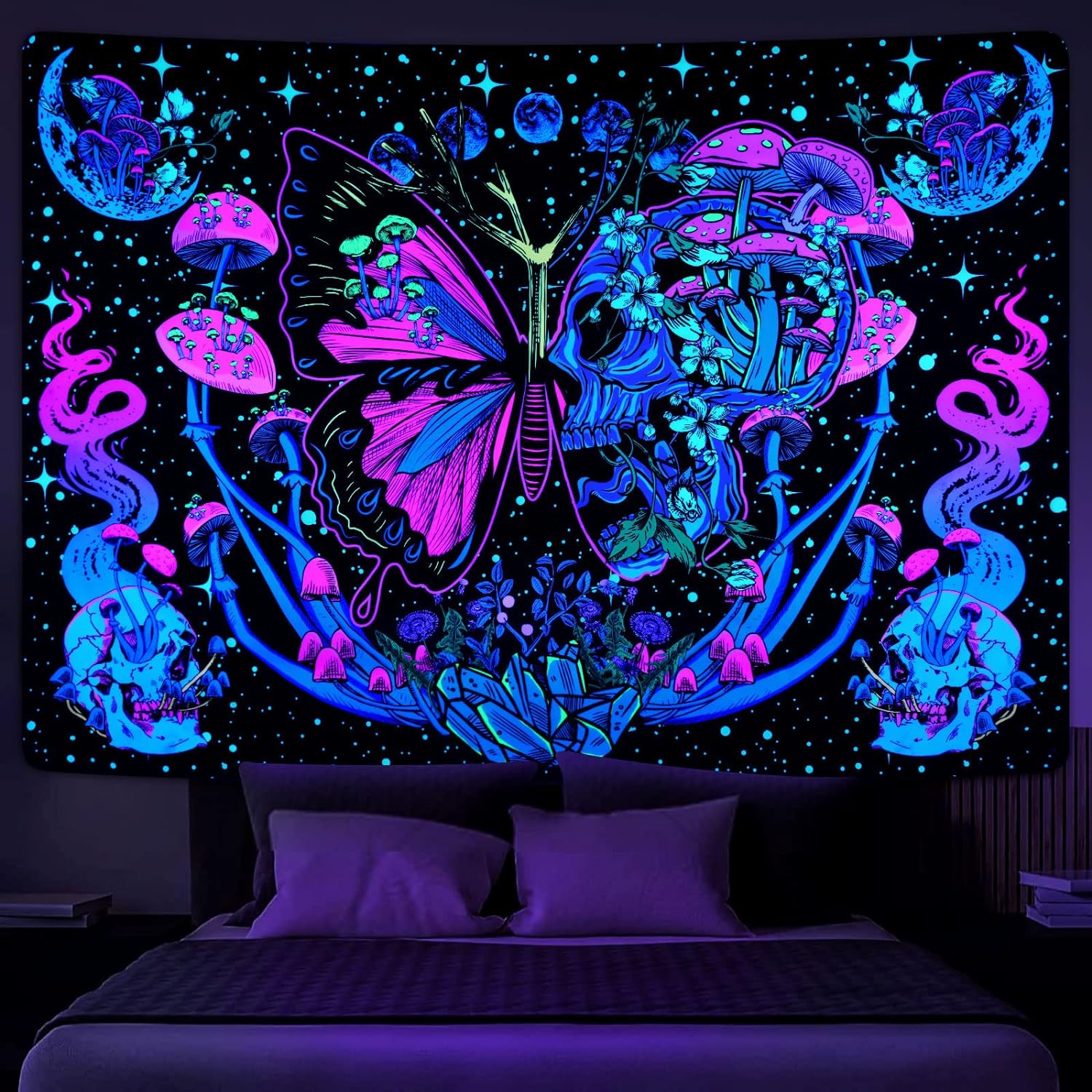 Motýlí Měsíc fáze lebky | Oficiální GlowTapestry UV Art Decor 