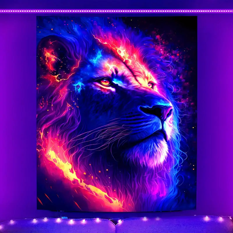 Wandteppich mit Löwenmotiv | Offizielles GlowTapestry UV-Kunstdekor 