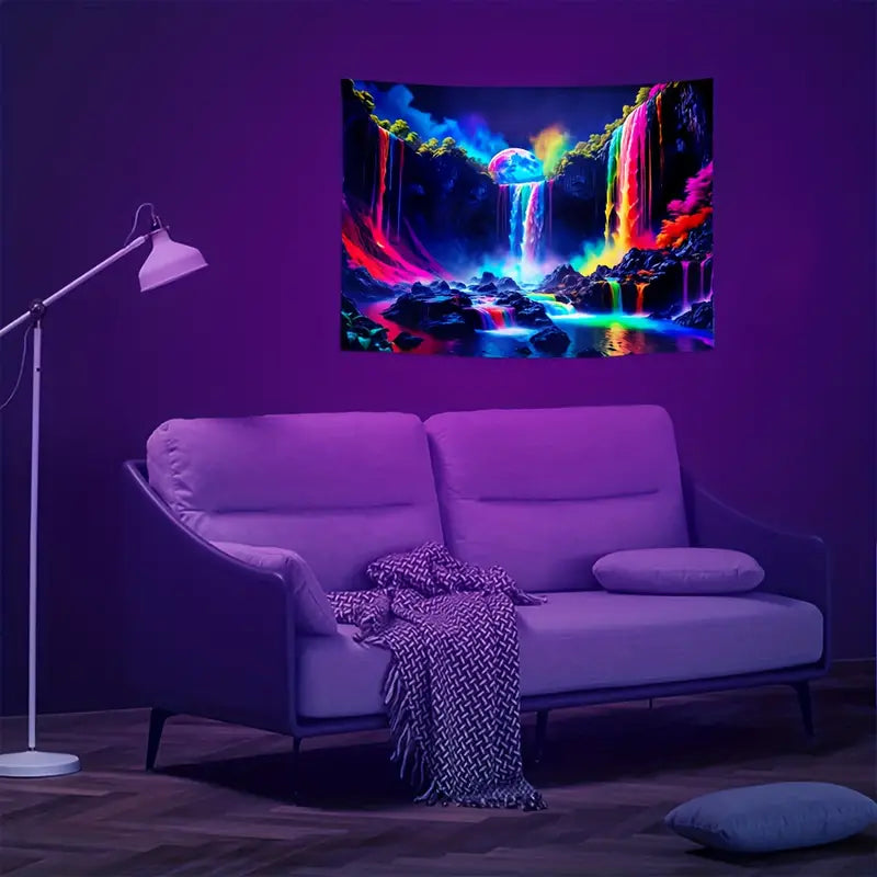 Bergwasserfall mit Regenbogen | Offizielles GlowTapestry UV-Kunstdekor 