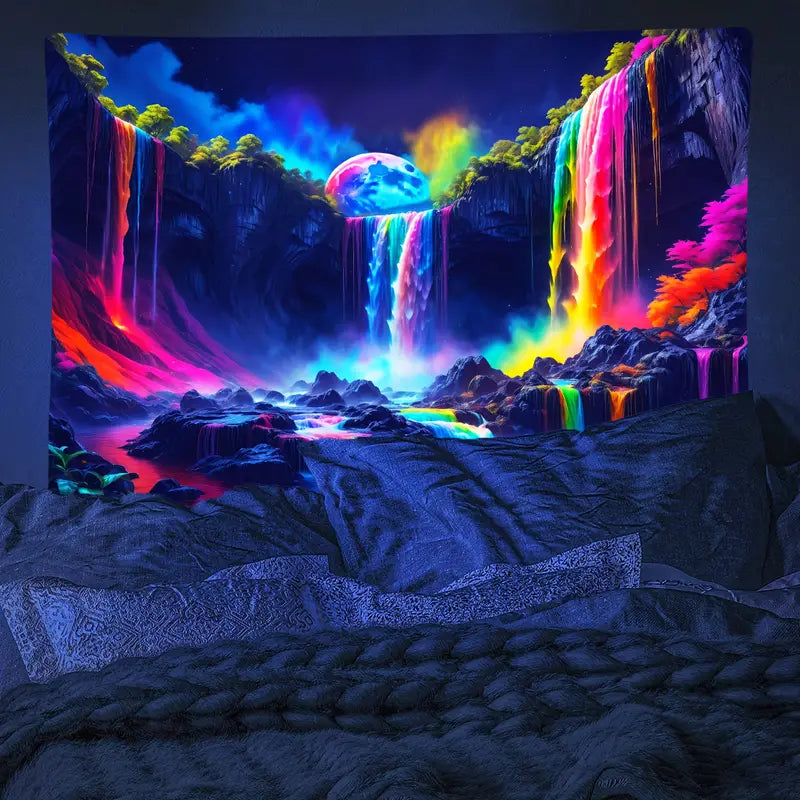 Bergwasserfall mit Regenbogen | Offizielles GlowTapestry UV-Kunstdekor 