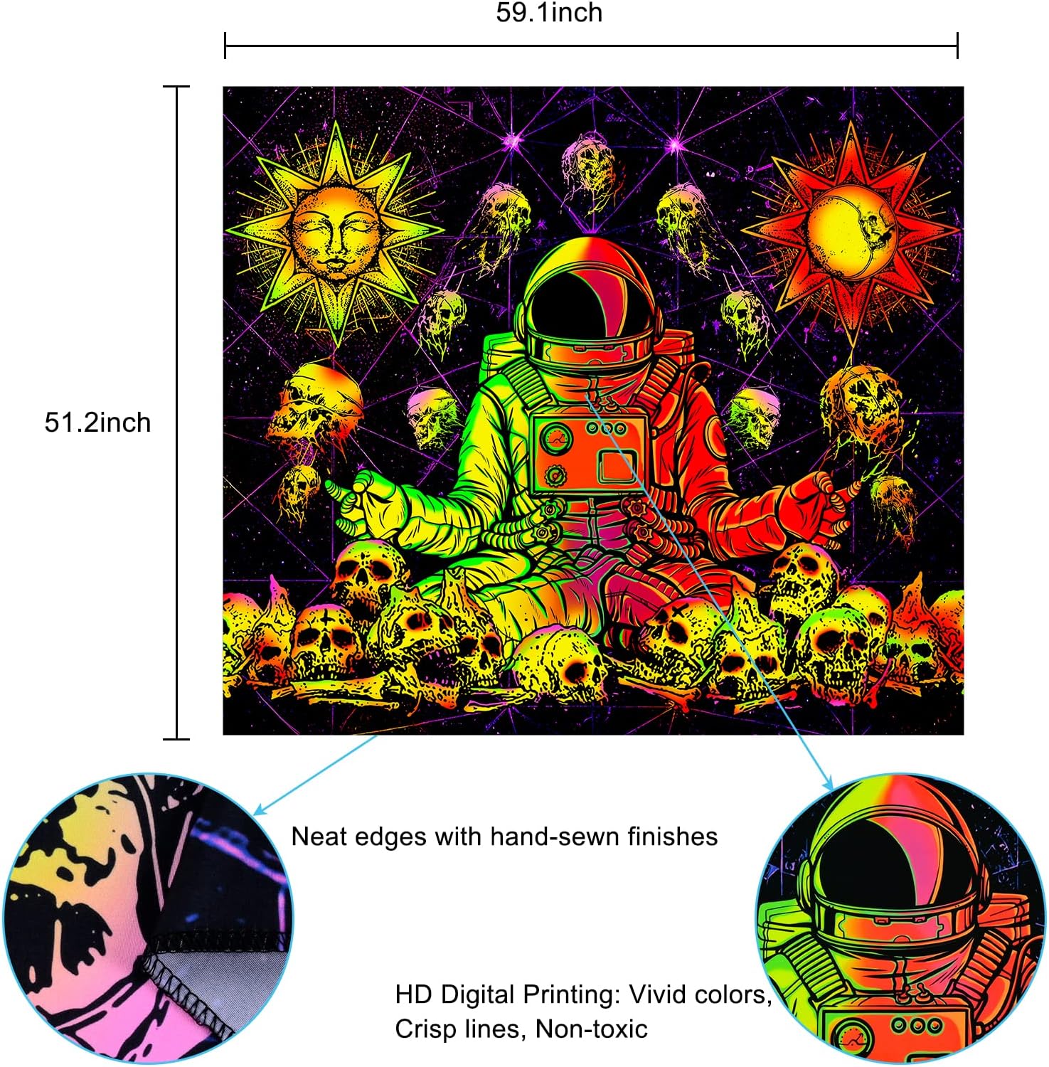 Astronautenschädel-Meditation | Offizielles GlowTapestry UV-Kunstdekor 