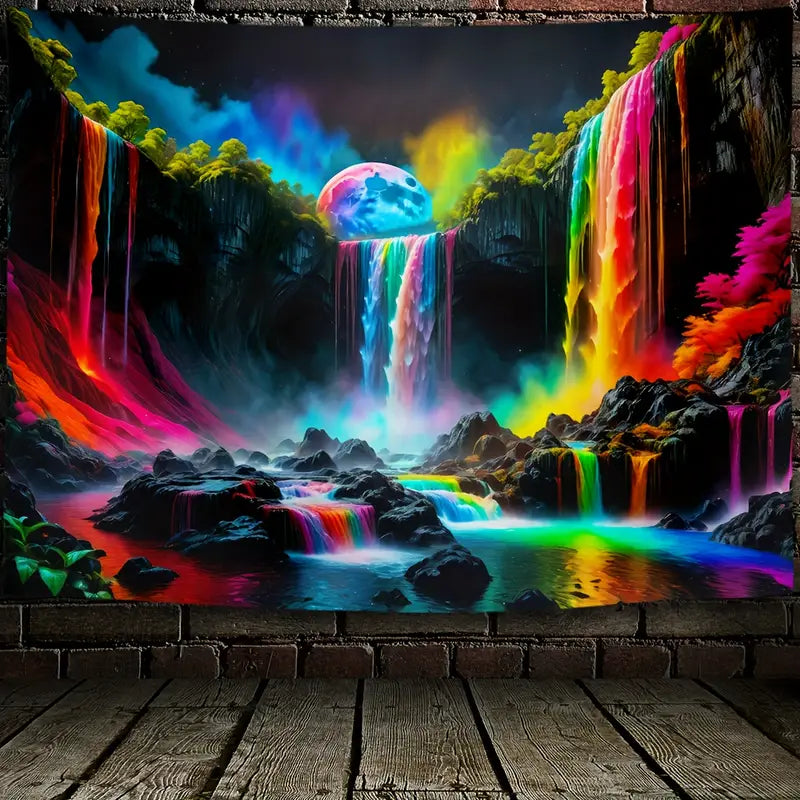 Bergwasserfall mit Regenbogen | Offizielles GlowTapestry UV-Kunstdekor 