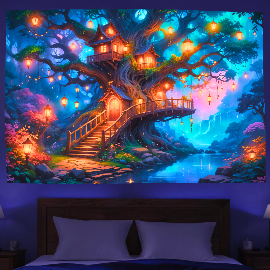 Enchanted Treehouse Haven | Oficiální GlowTapestry UV Art Decor 