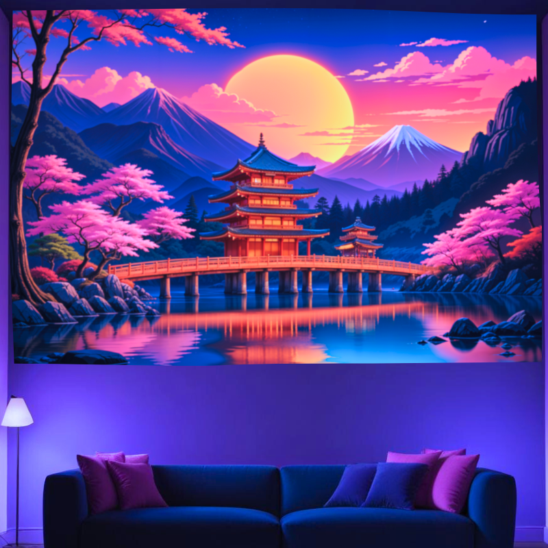 Sakura Sunset Pagoda | Offizielles GlowTapestry UV-Kunstdekor 