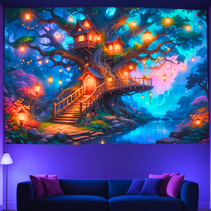 Enchanted Treehouse Haven | Oficiální GlowTapestry UV Art Decor 