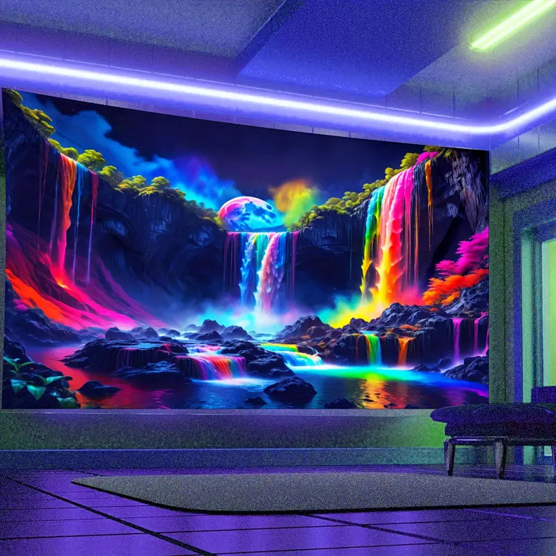 Horský vodopád s duhou | Oficiální GlowTapestry UV Art Decor 